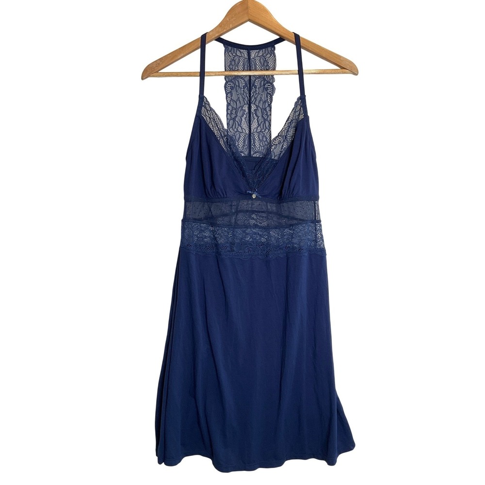 Adore Me Bamboo‎ Lace Mini Slip Dress Racer Back Chemise Lingerie Blue S